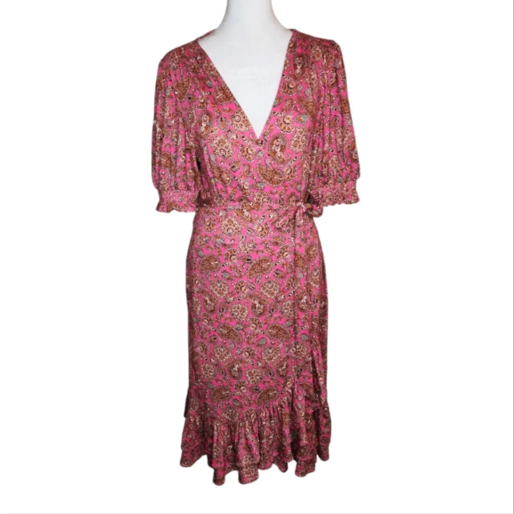 Boden Holiday Ruffle Wrap Dress in Carmine Rose Paisley Size 10L - Picture 1 of 7